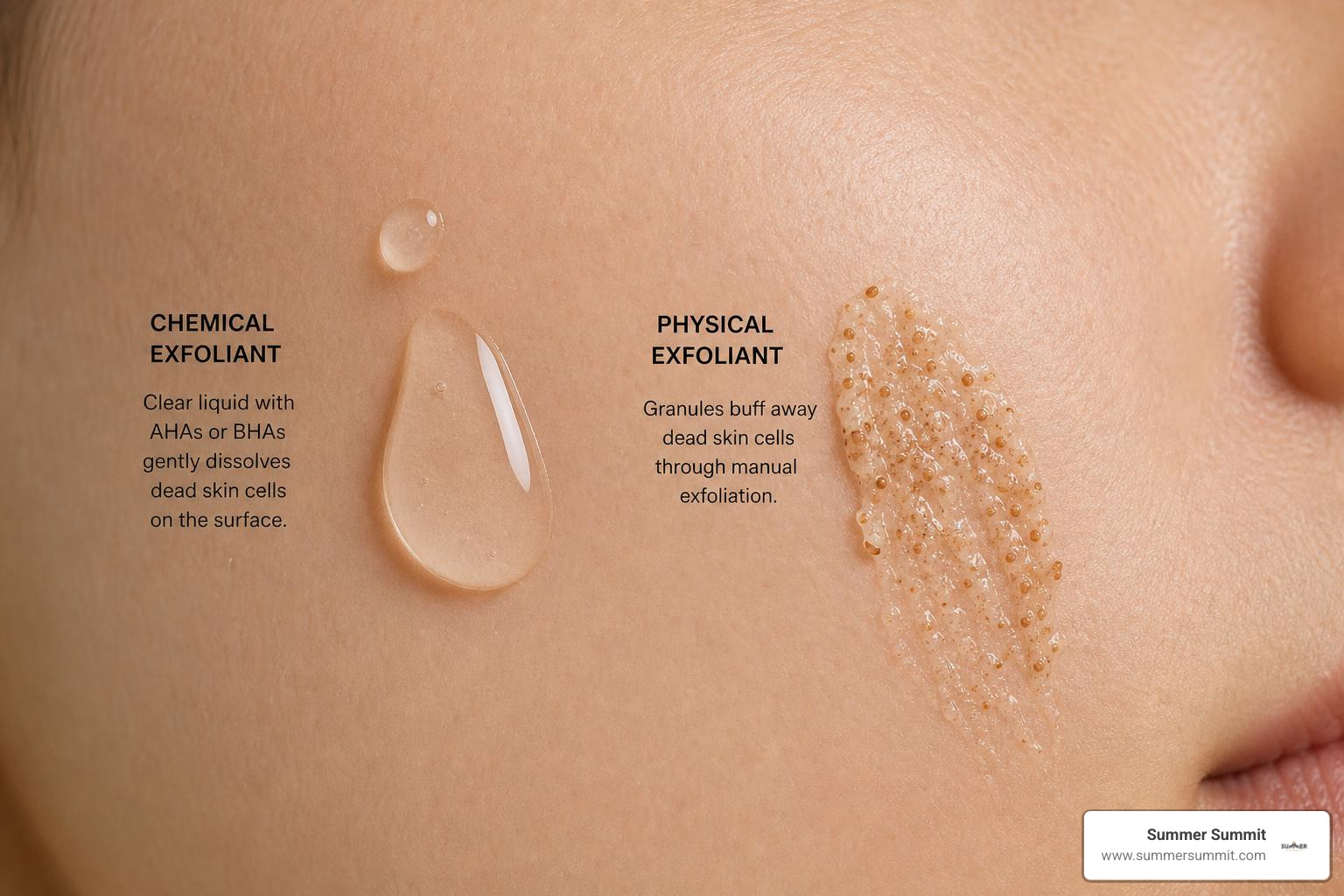 chemical exfoliant drops and physical scrub particles texture comparison chemical exfoliant drops and physical scrub particles texture comparison