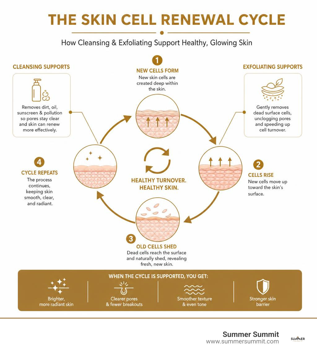 Infographic showing the skin cell renewal cycle and how cleansing and exfoliating support it infographic Infographic showing the skin cell renewal cycle and how cleansing and exfoliating support it infographic