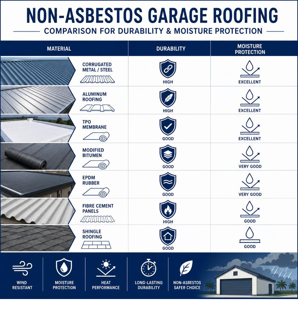 Comparison of non-asbestos garage roofing materials for durability and moisture protection infographic