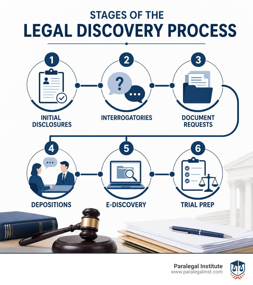 Stages of the legal discovery process: initial disclosures, interrogatories, document requests, depositions, e-discovery Stages of the legal discovery process: initial disclosures, interrogatories, document requests, depositions, e-discovery