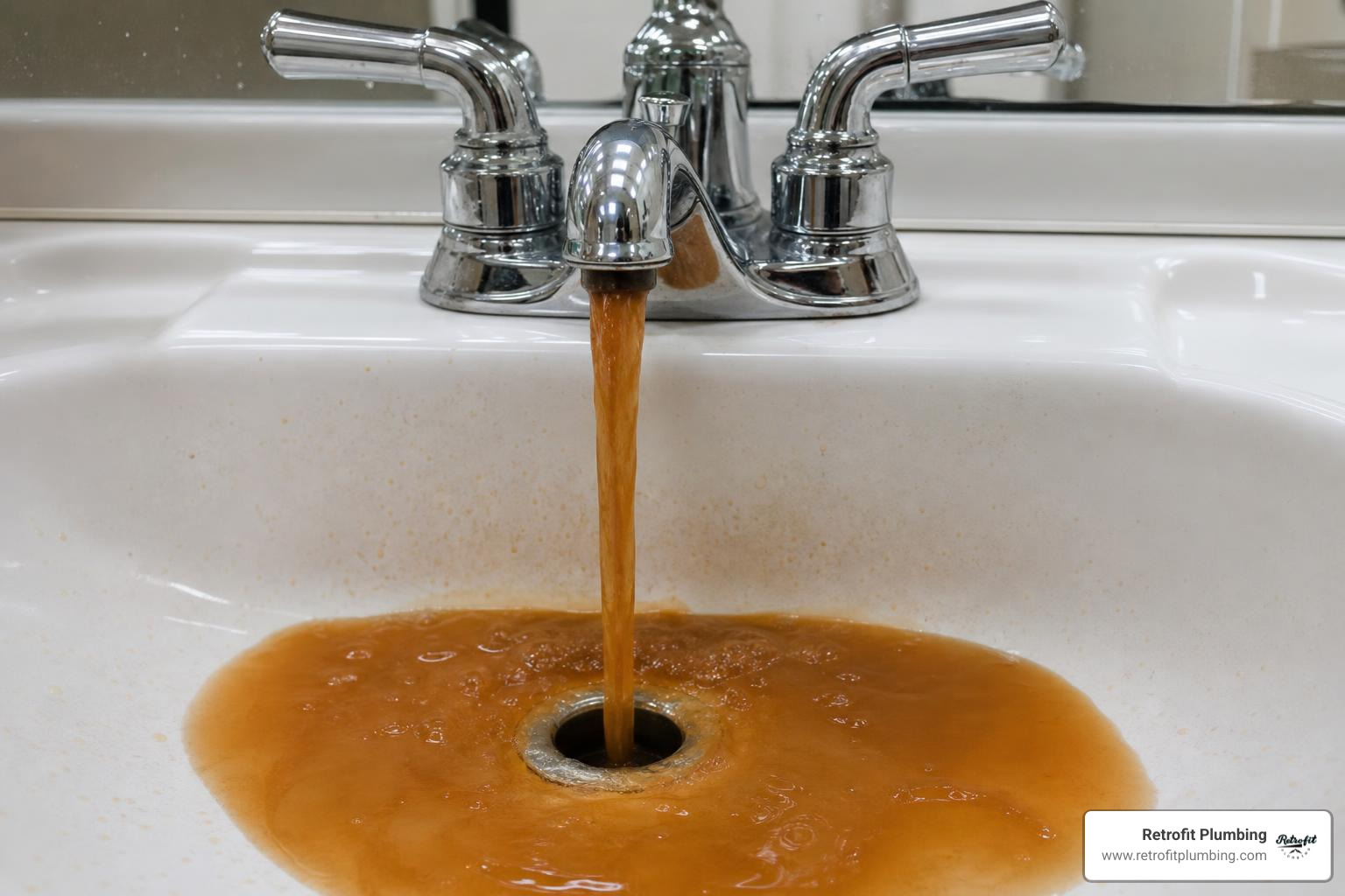 rusty water pouring from a bathroom faucet due to corroding water heater tank rusty water pouring from a bathroom faucet due to corroding water heater tank