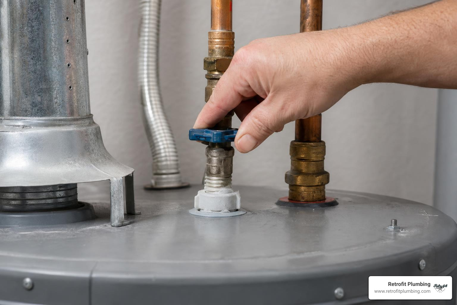 turning off the cold water intake valve on top of a water heater turning off the cold water intake valve on top of a water heater