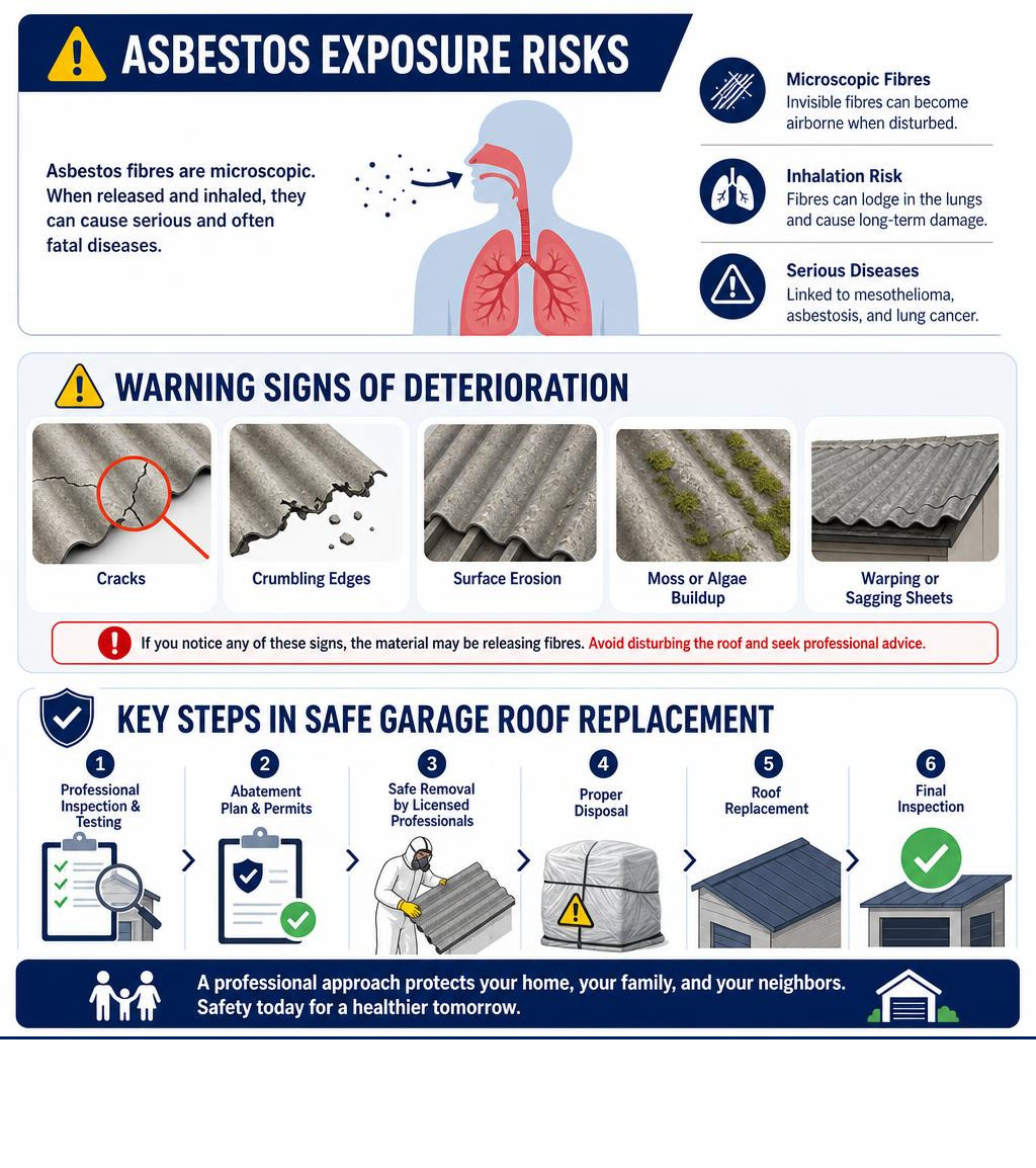 Infographic showing asbestos exposure risks, warning signs of deterioration, and key steps in safe garage roof replacement