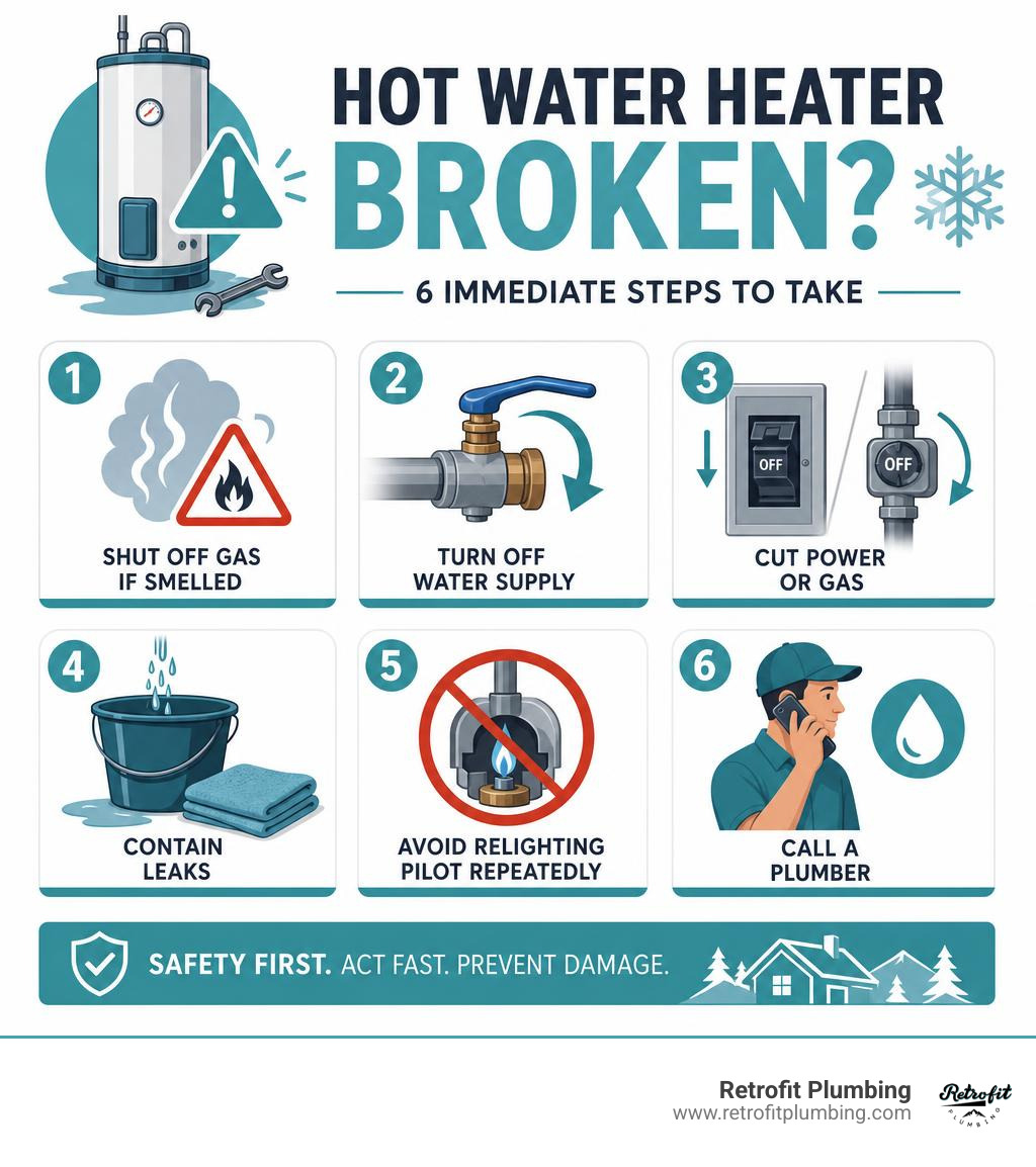 Infographic showing 6 immediate steps to take when your hot water heater breaks: shut off gas if smelled, turn off water Infographic showing 6 immediate steps to take when your hot water heater breaks: shut off gas if smelled, turn off water