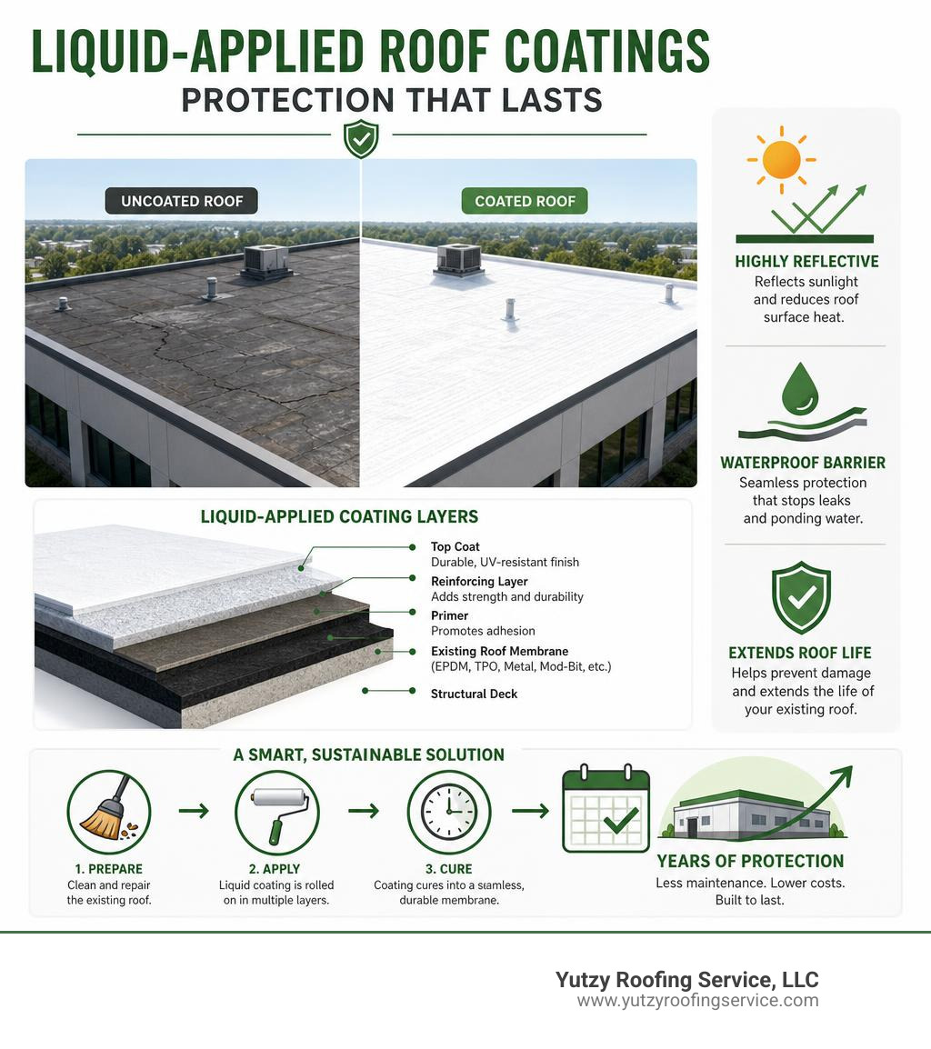 Infographic showing how liquid-applied roof coatings protect a commercial flat roof: application layers, reflectivity Infographic showing how liquid-applied roof coatings protect a commercial flat roof: application layers, reflectivity