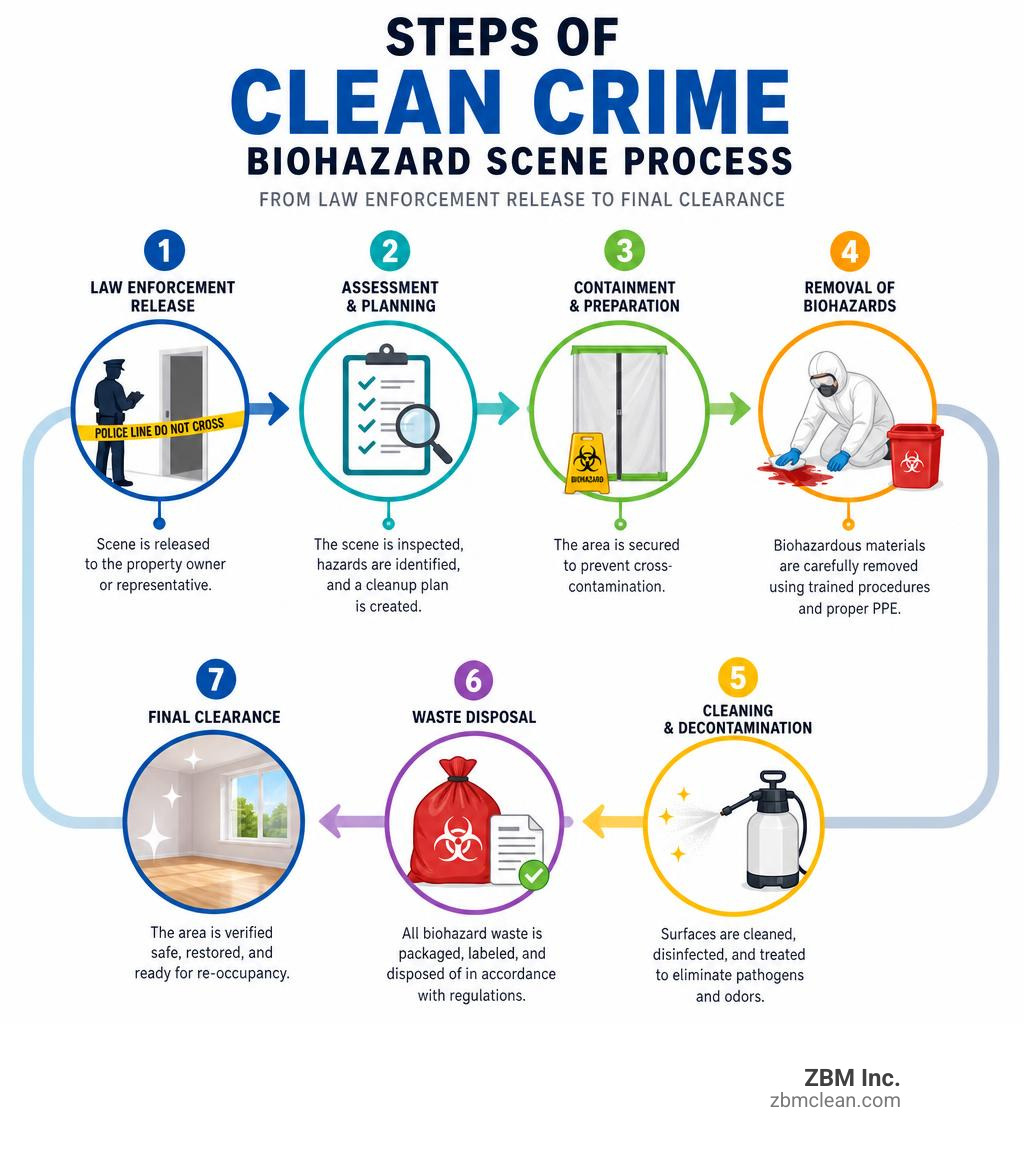 Steps of clean crime biohazard scene process from law enforcement release to final clearance infographic Steps of clean crime biohazard scene process from law enforcement release to final clearance infographic