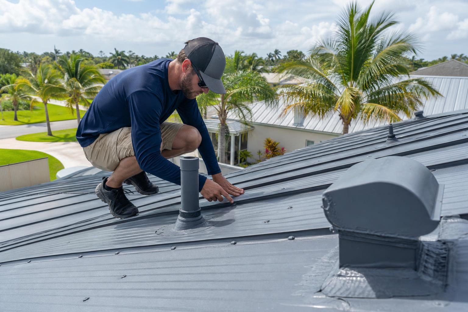 Checking flashing, pipe boots, and fasteners during annual metal roof maintenance
