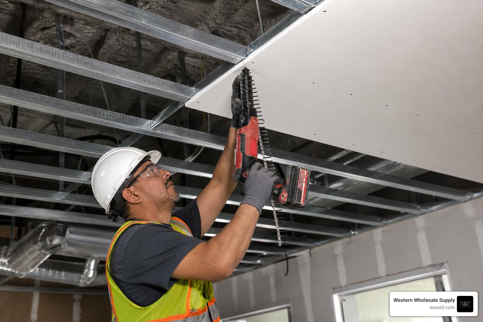 Professional drywall installer using a specialized drywall gun to drive fasteners into a ceiling grid system Professional drywall installer using a specialized drywall gun to drive fasteners into a ceiling grid system