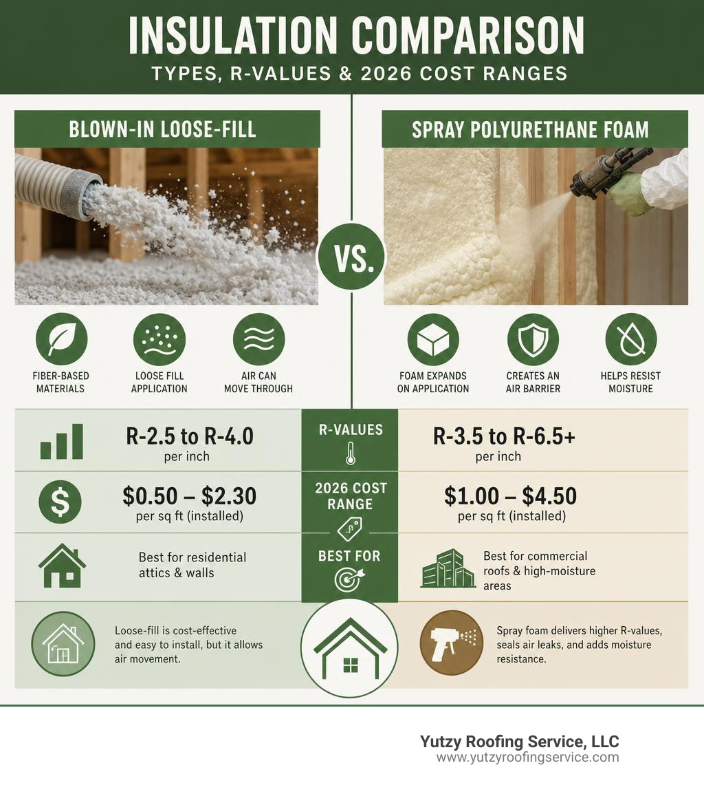 Comparison infographic: blown-in loose-fill vs. spray polyurethane foam insulation types, R-values, and 2026 cost ranges Comparison infographic: blown-in loose-fill vs. spray polyurethane foam insulation types, R-values, and 2026 cost ranges