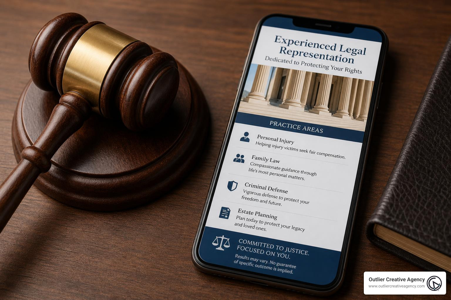 Gavel next to a smartphone displaying compliant legal advertisements
