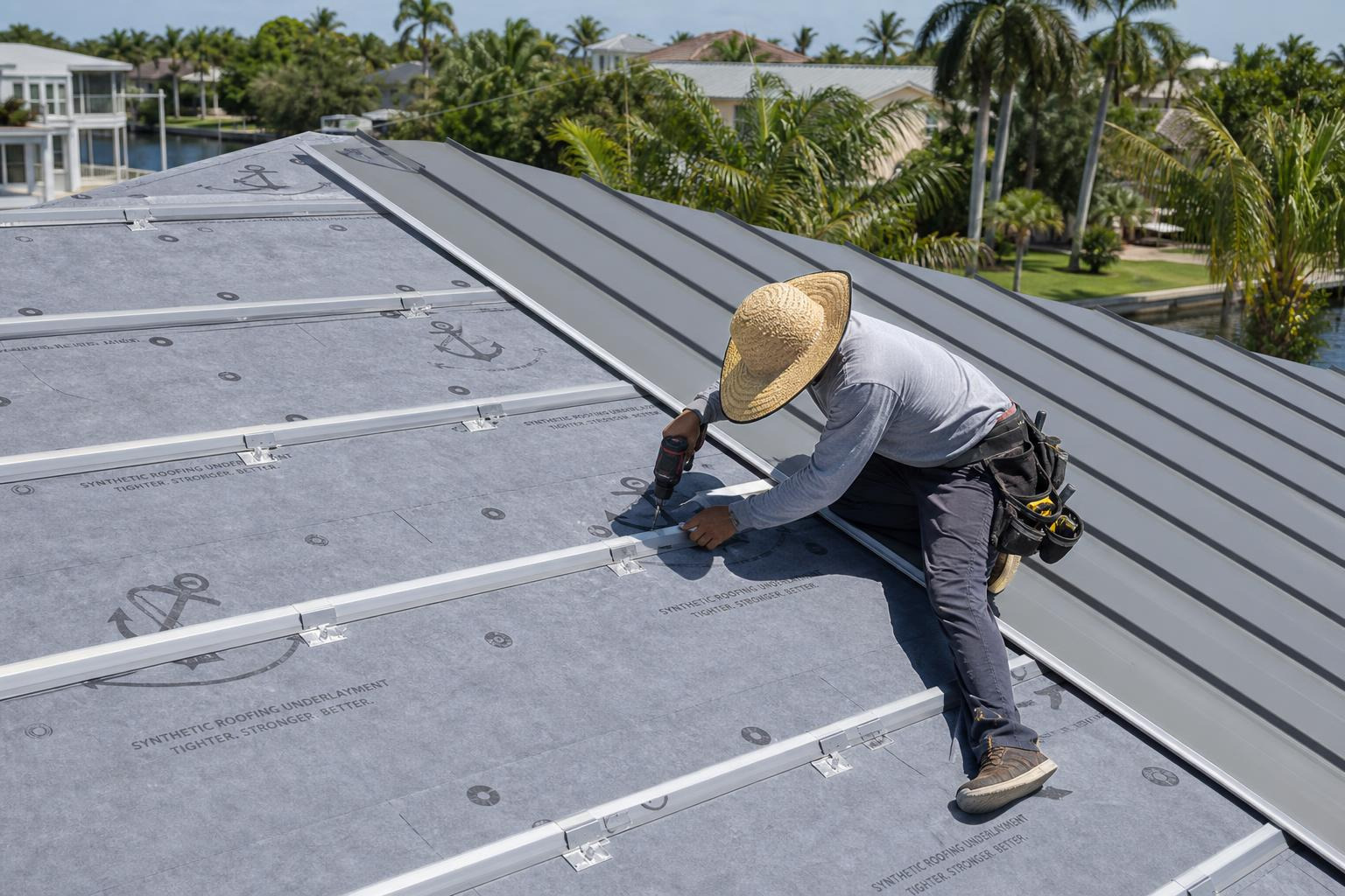 Professional metal roof installation in South Florida showing synthetic underlayment and precise clip fastening