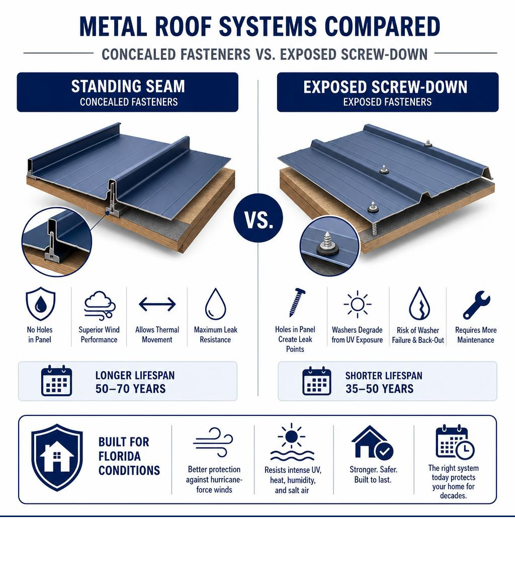 Diagram comparing standing seam concealed fasteners to exposed screw-down fastener systems infographic