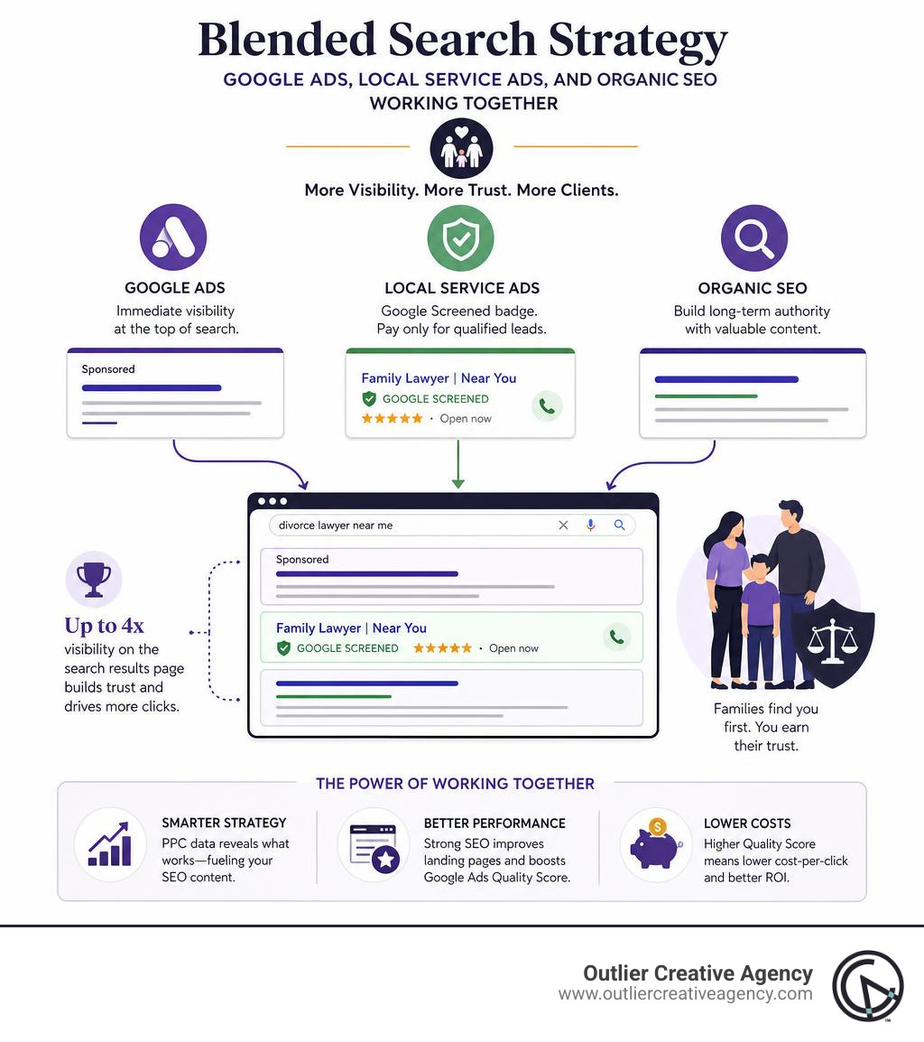 Blended search strategy: Google Ads, Local Service Ads, and Organic SEO working together infographic