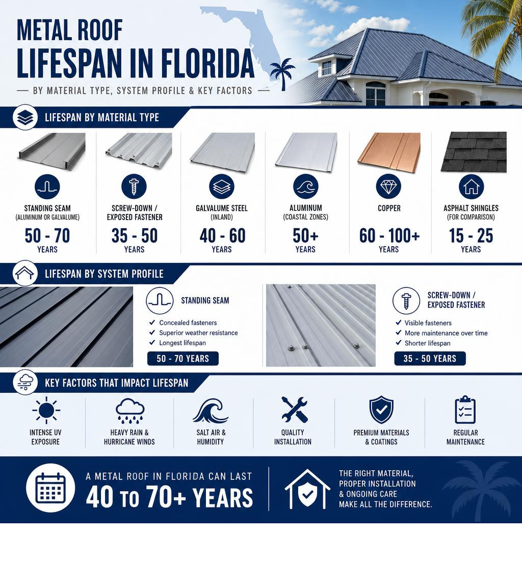 Infographic showing metal roof lifespan in Florida by material type, system profile, and key factors infographic