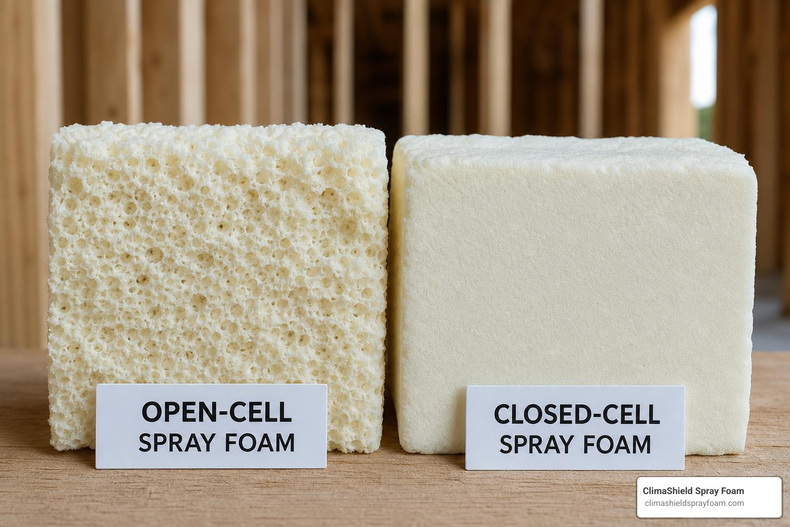 side by side comparison of open-cell and closed-cell spray foam