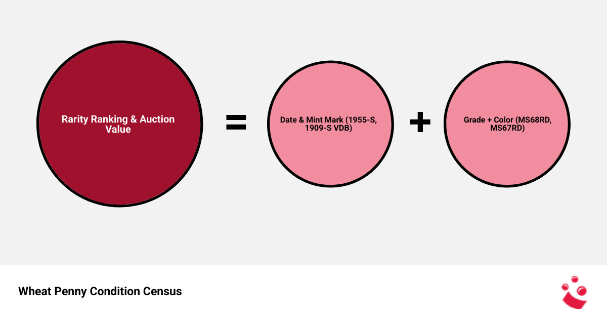 Infographic showing how date, mint mark, grade, color, population, and auction records combine to form a wheat penny condition census Infographic showing how date, mint mark, grade, color, population, and auction records combine to form a wheat penny condition census