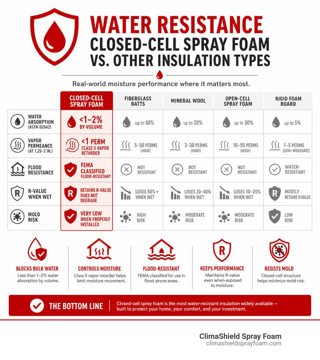 Infographic showing closed-cell spray foam water resistance vs other insulation types with key stats infographic