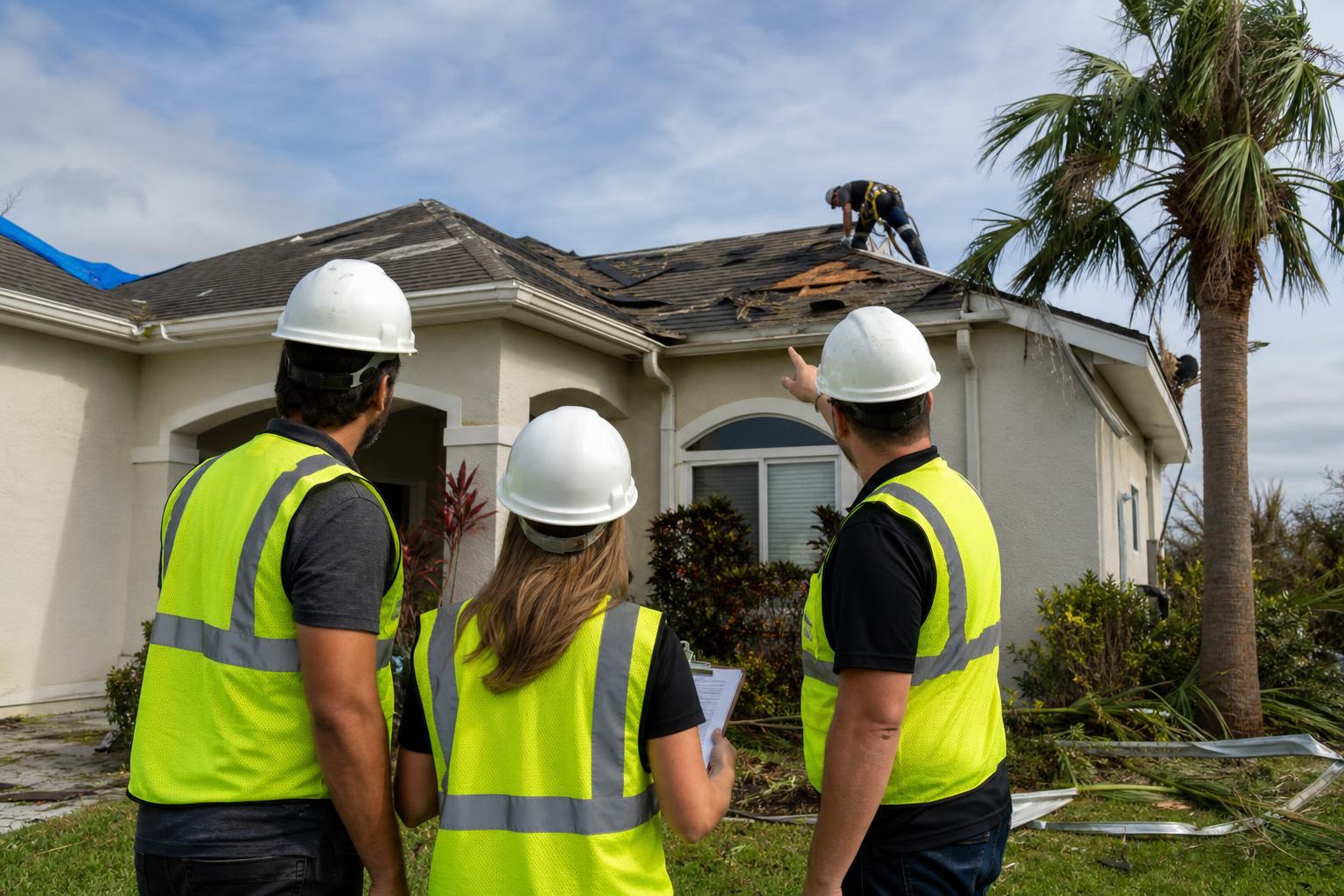 Storm restoration crew assessing damaged Florida home