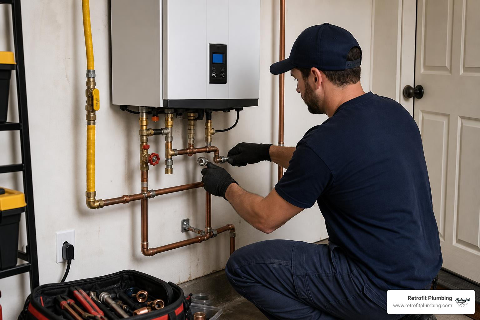 A professional plumber carefully installing gas lines and copper piping for a wall-mounted tankless unit A professional plumber carefully installing gas lines and copper piping for a wall-mounted tankless unit