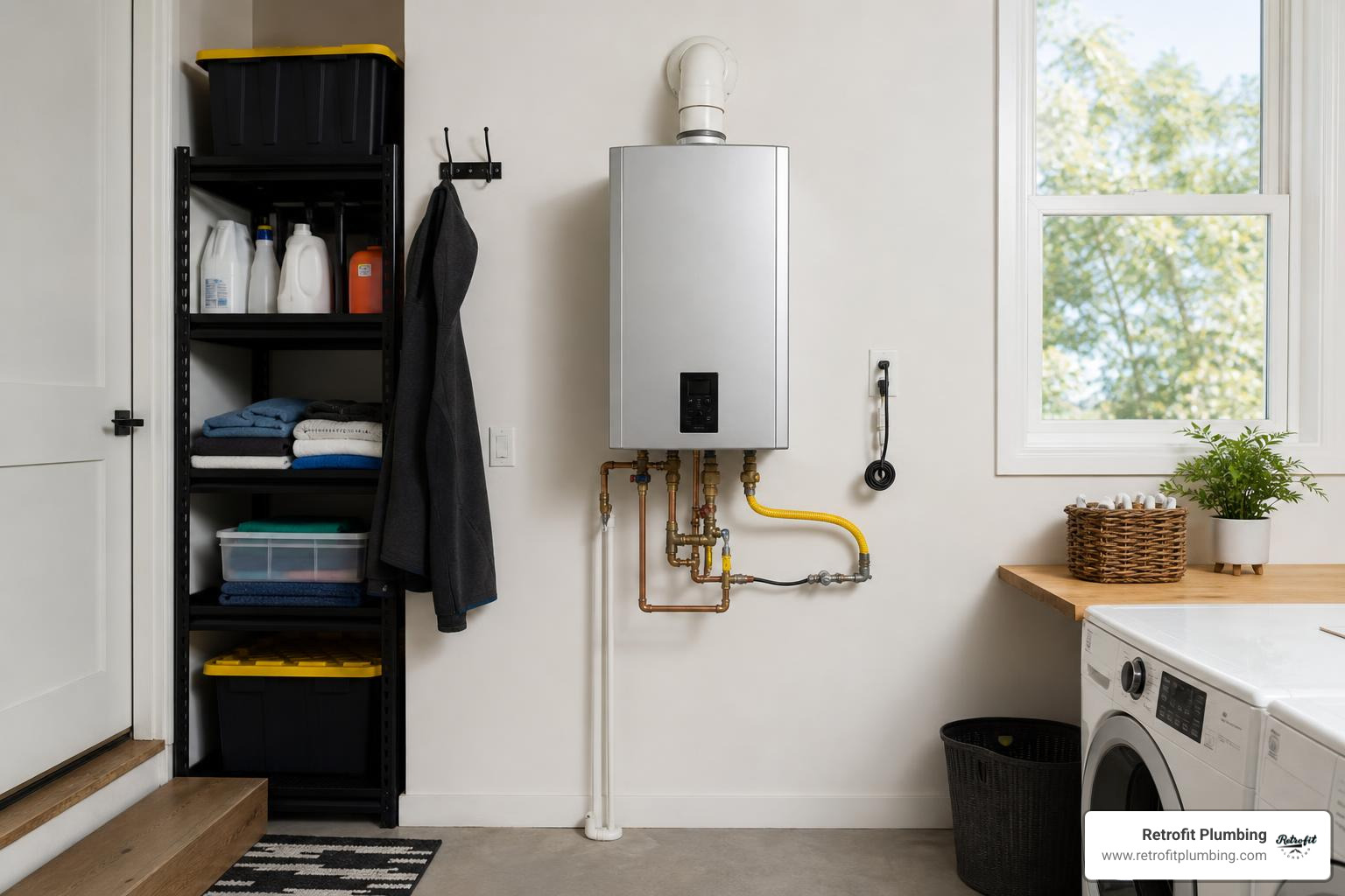 A compact residential tankless water heater saving valuable space in a clean utility room A compact residential tankless water heater saving valuable space in a clean utility room