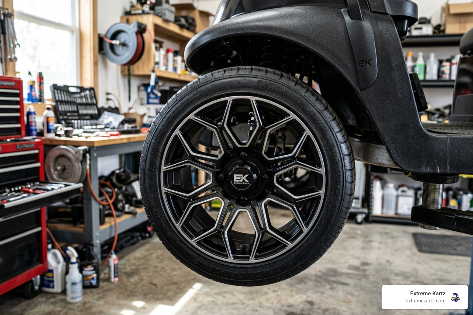 Machined black 10 inch Vampire golf cart wheel showing intricate spoke design Machined black 10 inch Vampire golf cart wheel showing intricate spoke design
