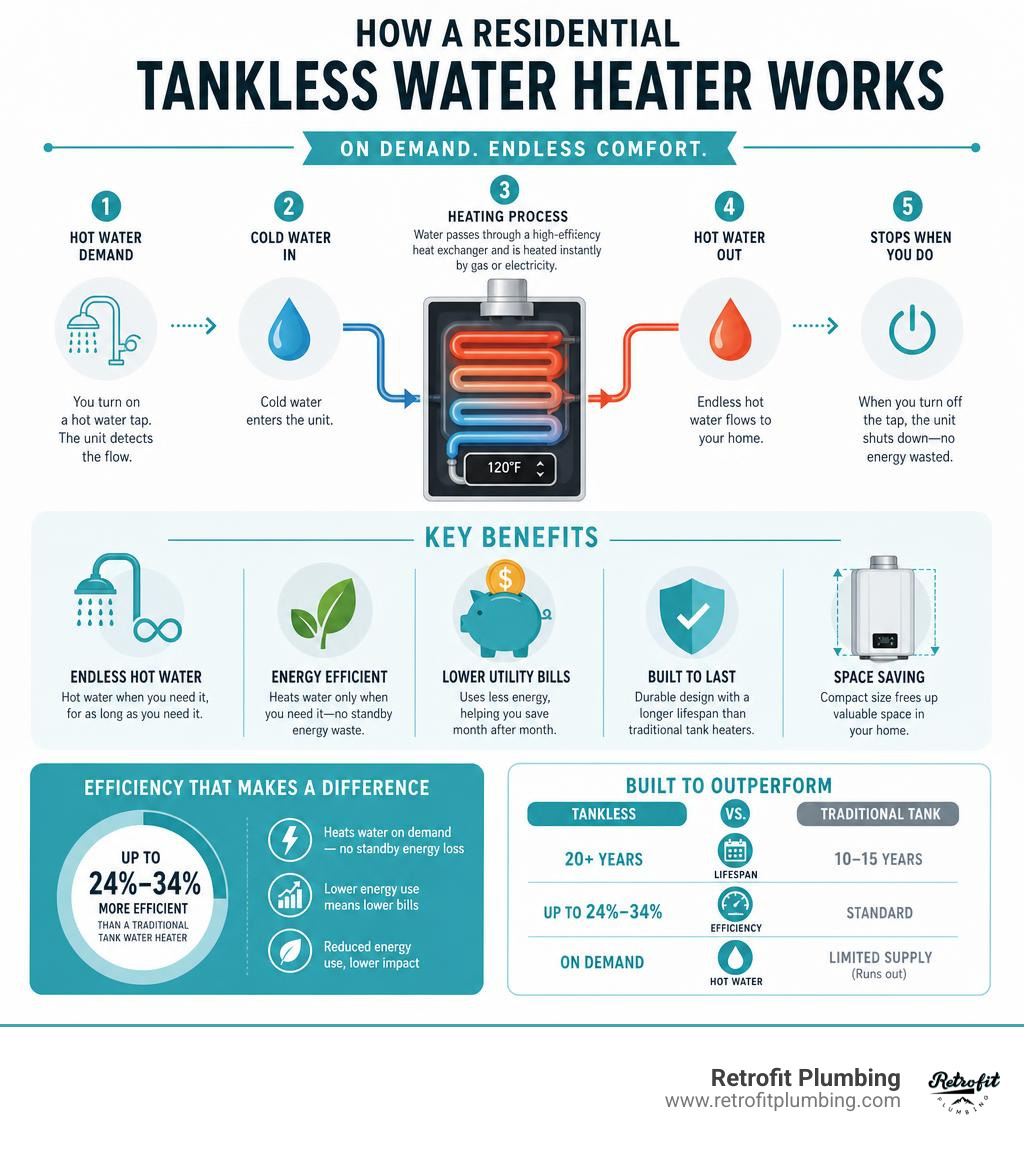 How a residential tankless water heater works — key benefits and efficiency stats infographic infographic How a residential tankless water heater works — key benefits and efficiency stats infographic infographic