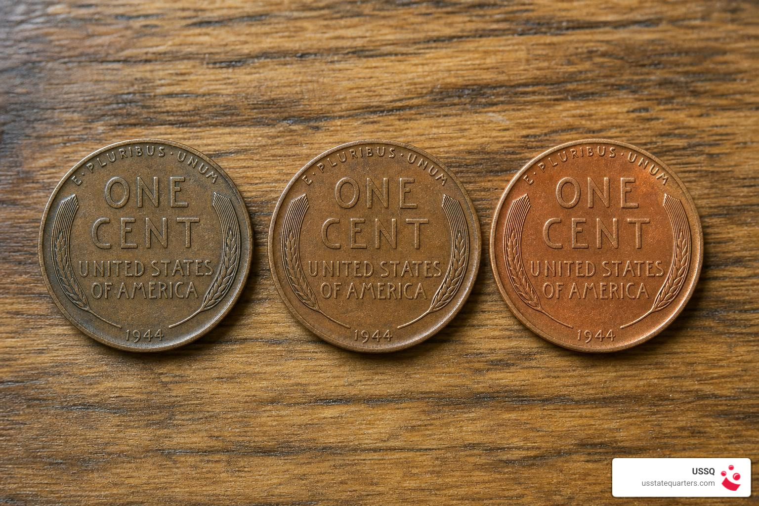 three 1944 Lincoln Wheat Cents showing Brown Red Brown and Red wheat reverse color three 1944 Lincoln Wheat Cents showing Brown Red Brown and Red wheat reverse color