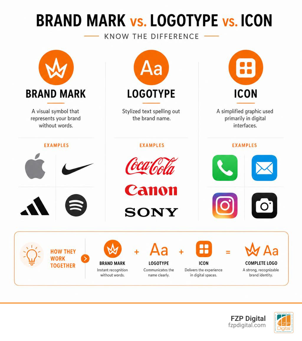 Infographic comparing brand mark, logotype, and icon with simple definitions and real-world examples infographic Infographic comparing brand mark, logotype, and icon with simple definitions and real-world examples infographic
