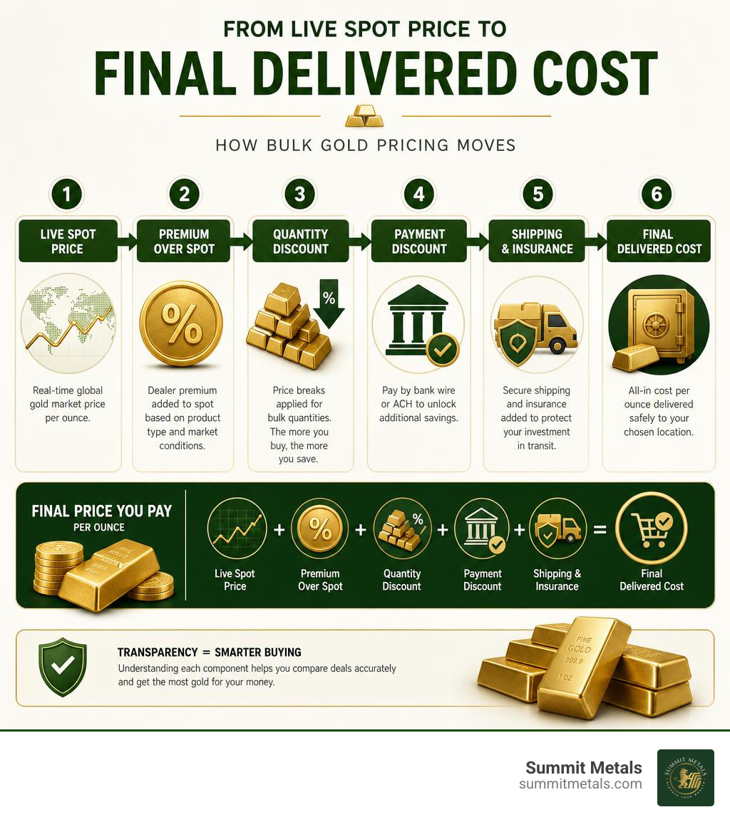 Infographic showing how bulk gold pricing moves from live spot price to final delivered cost infographic