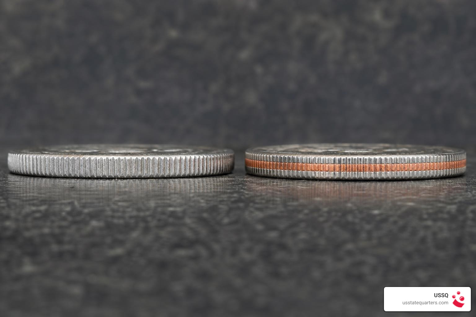 Kennedy half dollar edges showing solid silver edge versus copper stripe clad edge