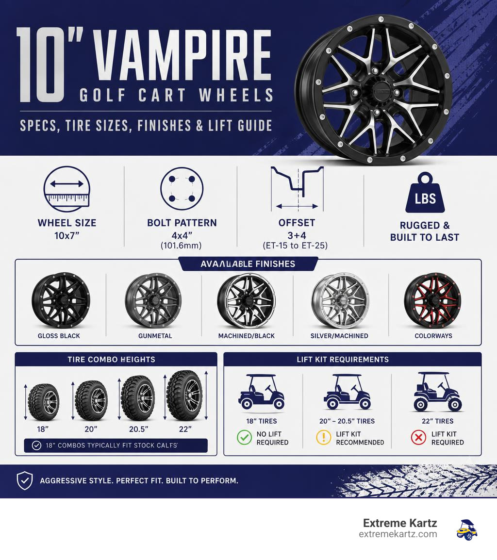Infographic showing 10 inch Vampire golf cart wheel specs, tire sizes, finishes, and lift kit requirements infographic Infographic showing 10 inch Vampire golf cart wheel specs, tire sizes, finishes, and lift kit requirements infographic
