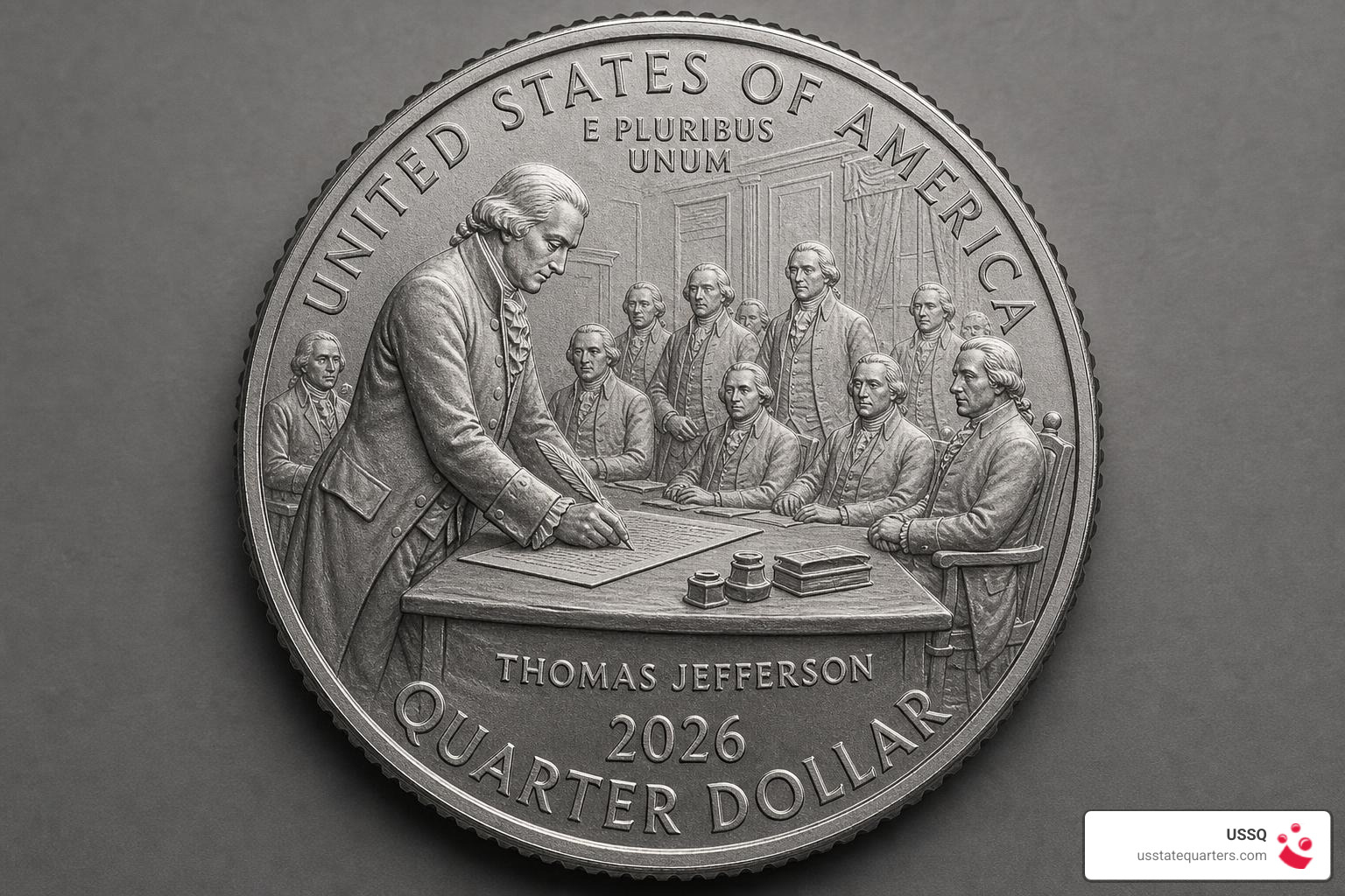 2026 Declaration of Independence Quarter showing Thomas Jefferson and the signing scene