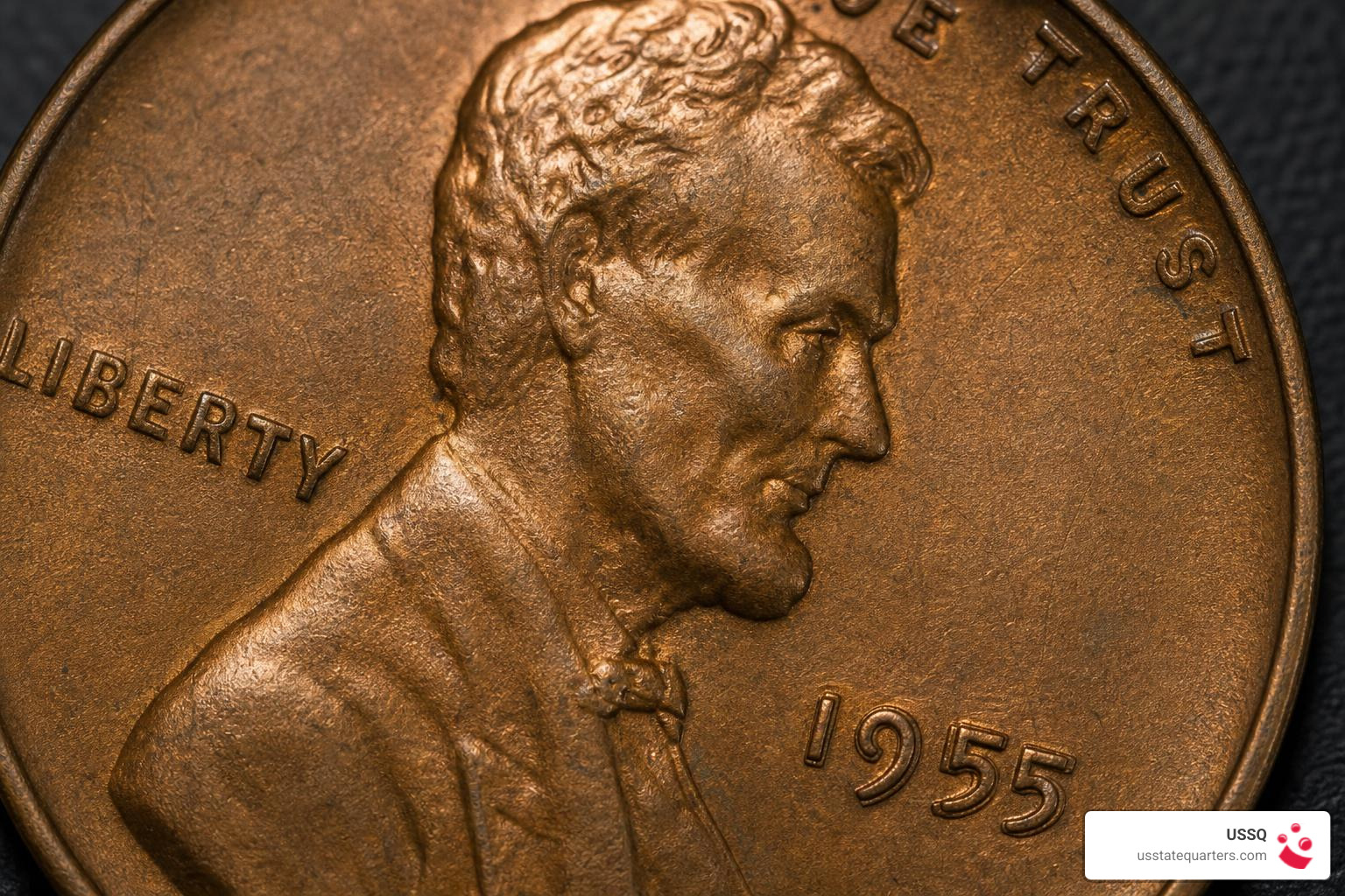 1955 Doubled Die Lincoln Wheat Cent obverse with doubled date and LIBERTY lettering 1955 Doubled Die Lincoln Wheat Cent obverse with doubled date and LIBERTY lettering