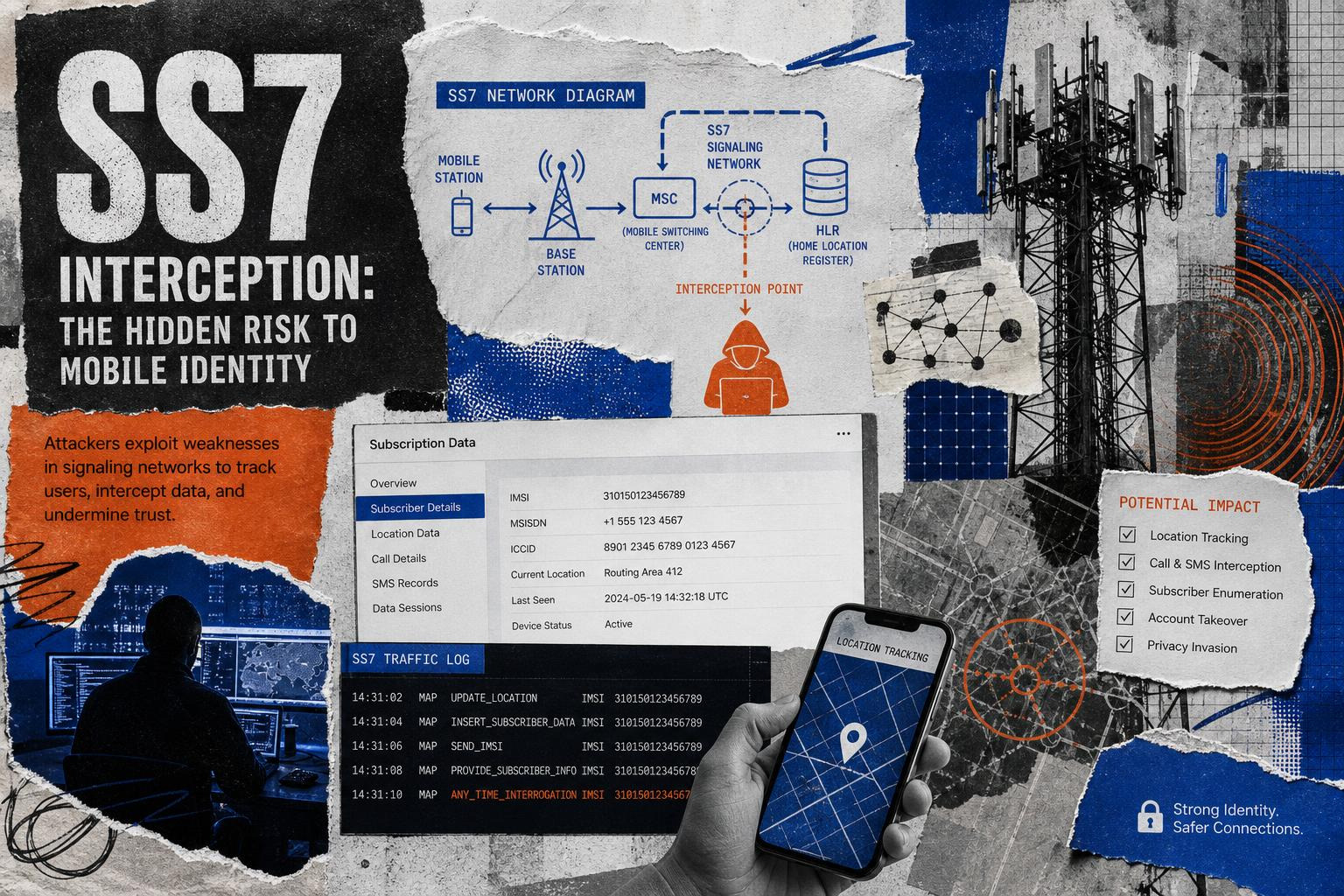 SS7 interception mobile network identity attack editorial collage SS7 interception mobile network identity attack editorial collage