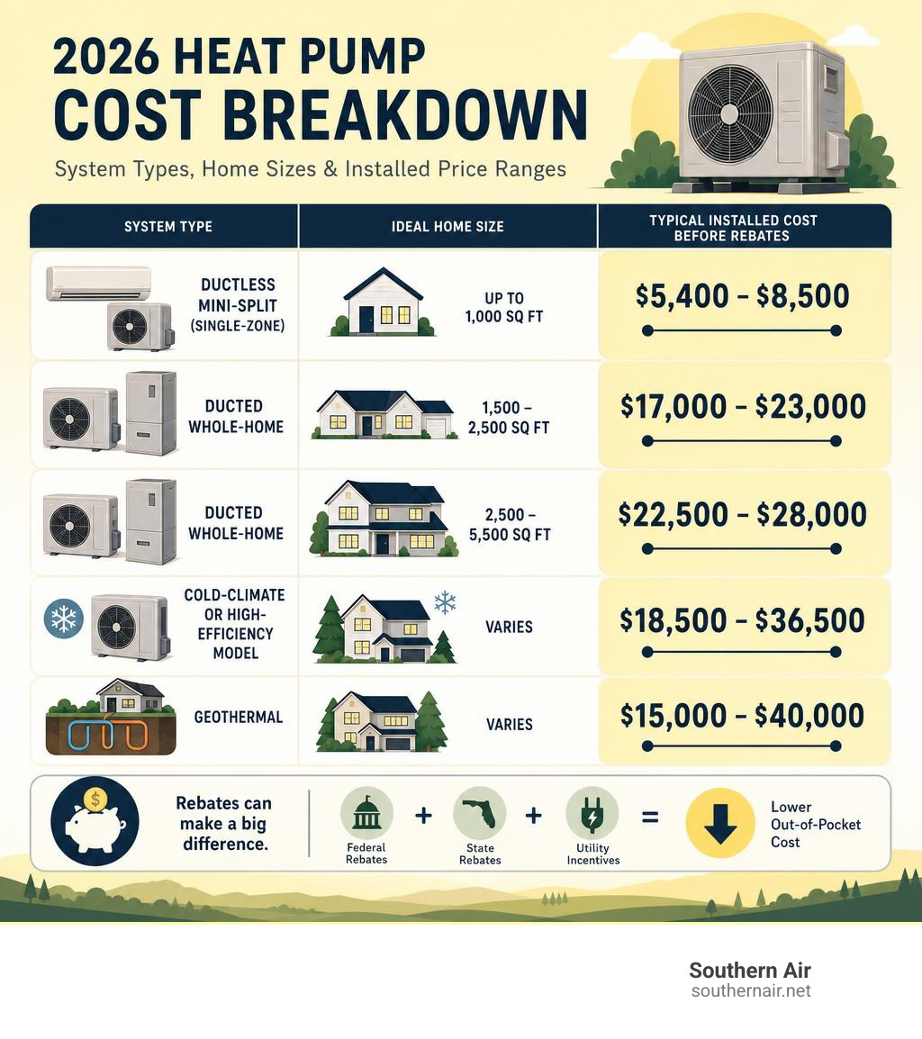 Heat pump cost breakdown infographic showing system types, home sizes, and installed price ranges for 2026 infographic Heat pump cost breakdown infographic showing system types, home sizes, and installed price ranges for 2026 infographic
