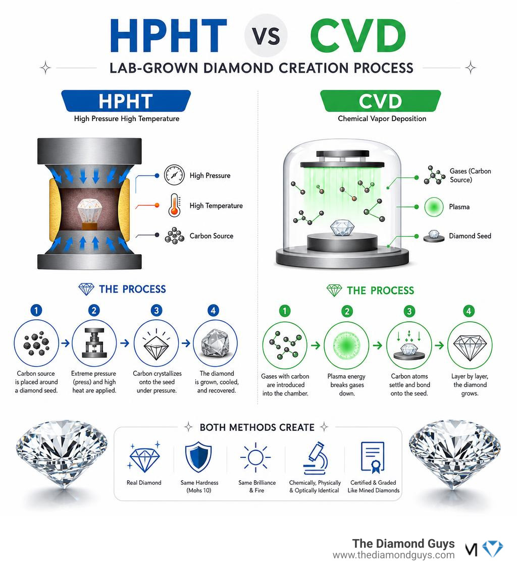 HPHT vs CVD lab-grown diamond creation process comparison infographic infographic HPHT vs CVD lab-grown diamond creation process comparison infographic infographic