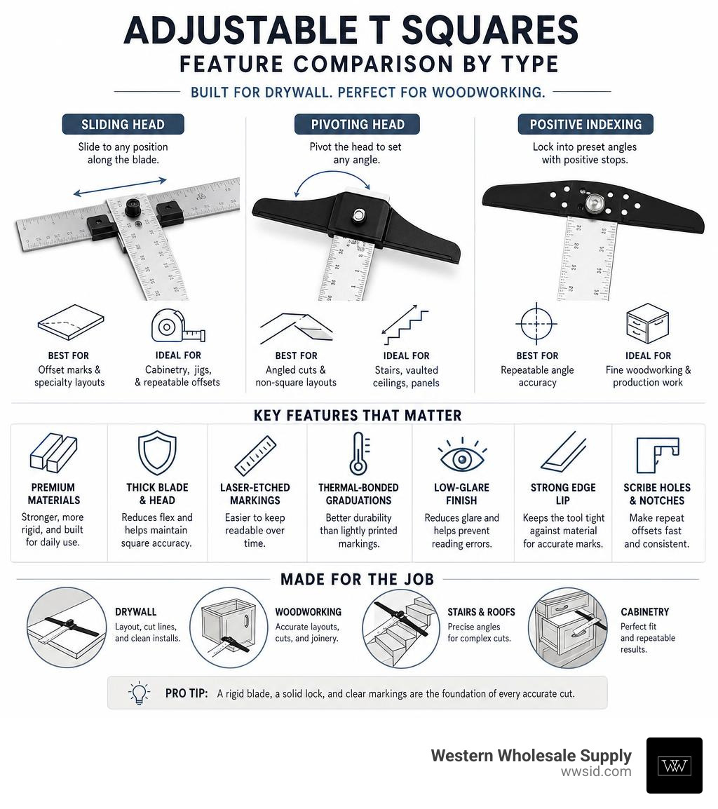 feature comparison of adjustable T square types for drywall and woodworking infographic feature comparison of adjustable T square types for drywall and woodworking infographic