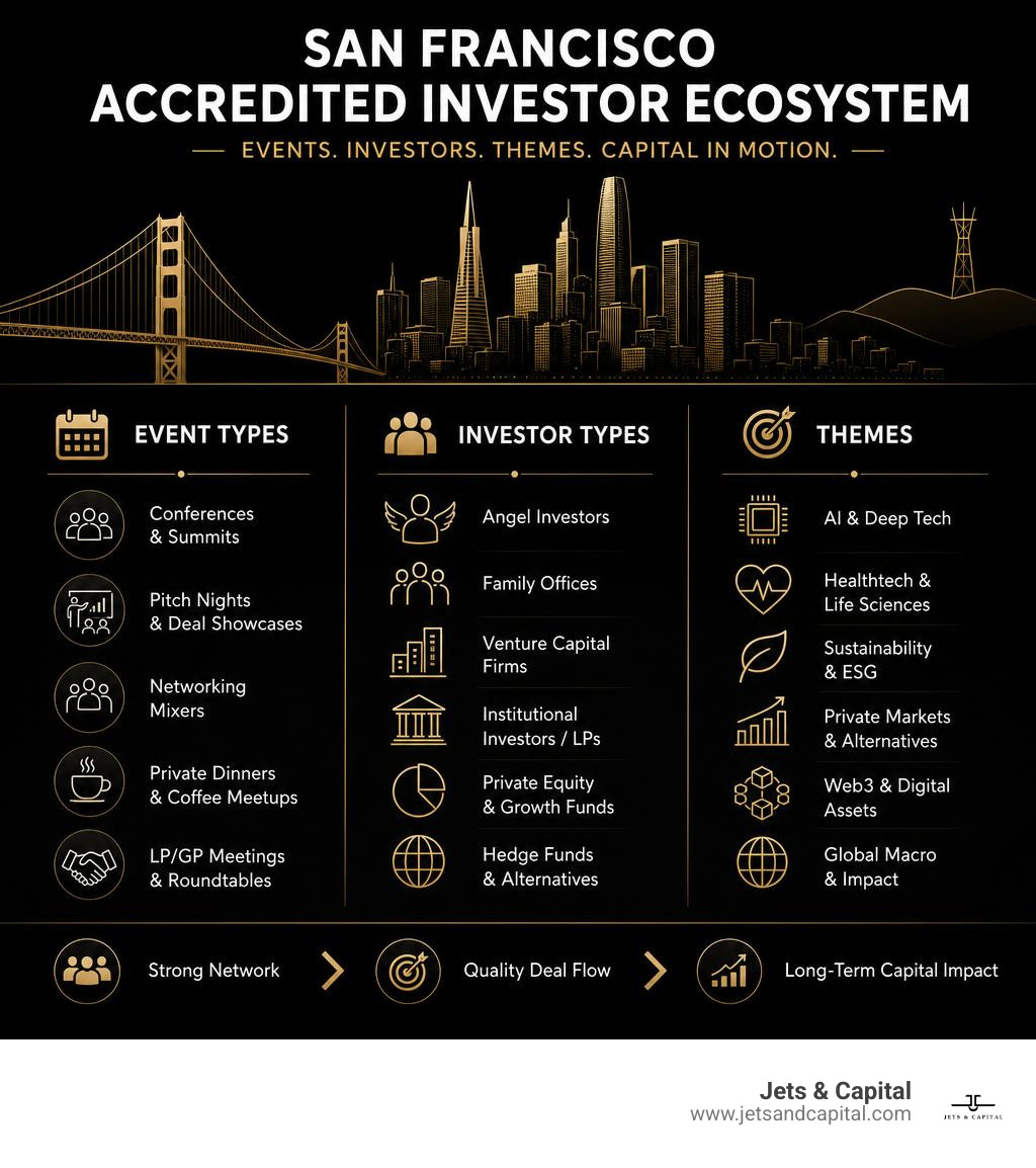 Overview of the San Francisco accredited investor ecosystem including event types, investor types, and themes infographic Overview of the San Francisco accredited investor ecosystem including event types, investor types, and themes infographic