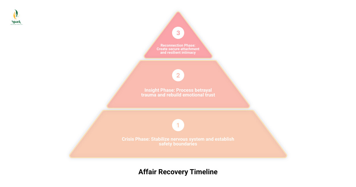 infographic showing the 3-phase timeline of affair recovery from crisis to rebuilding over 18 to 36 months infographic