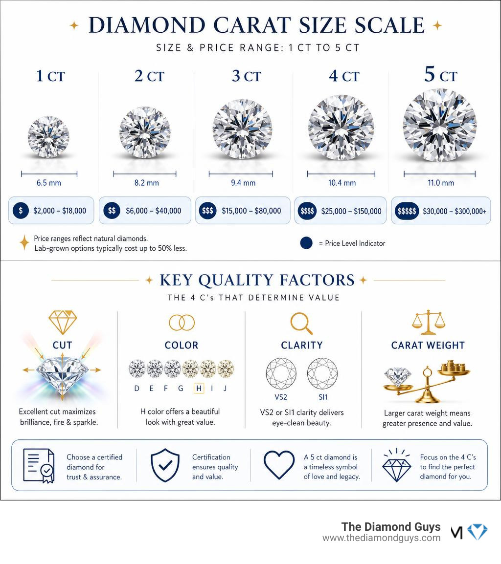 Infographic showing diamond carat size scale from 1ct to 5ct with price ranges and key quality factors infographic Infographic showing diamond carat size scale from 1ct to 5ct with price ranges and key quality factors infographic