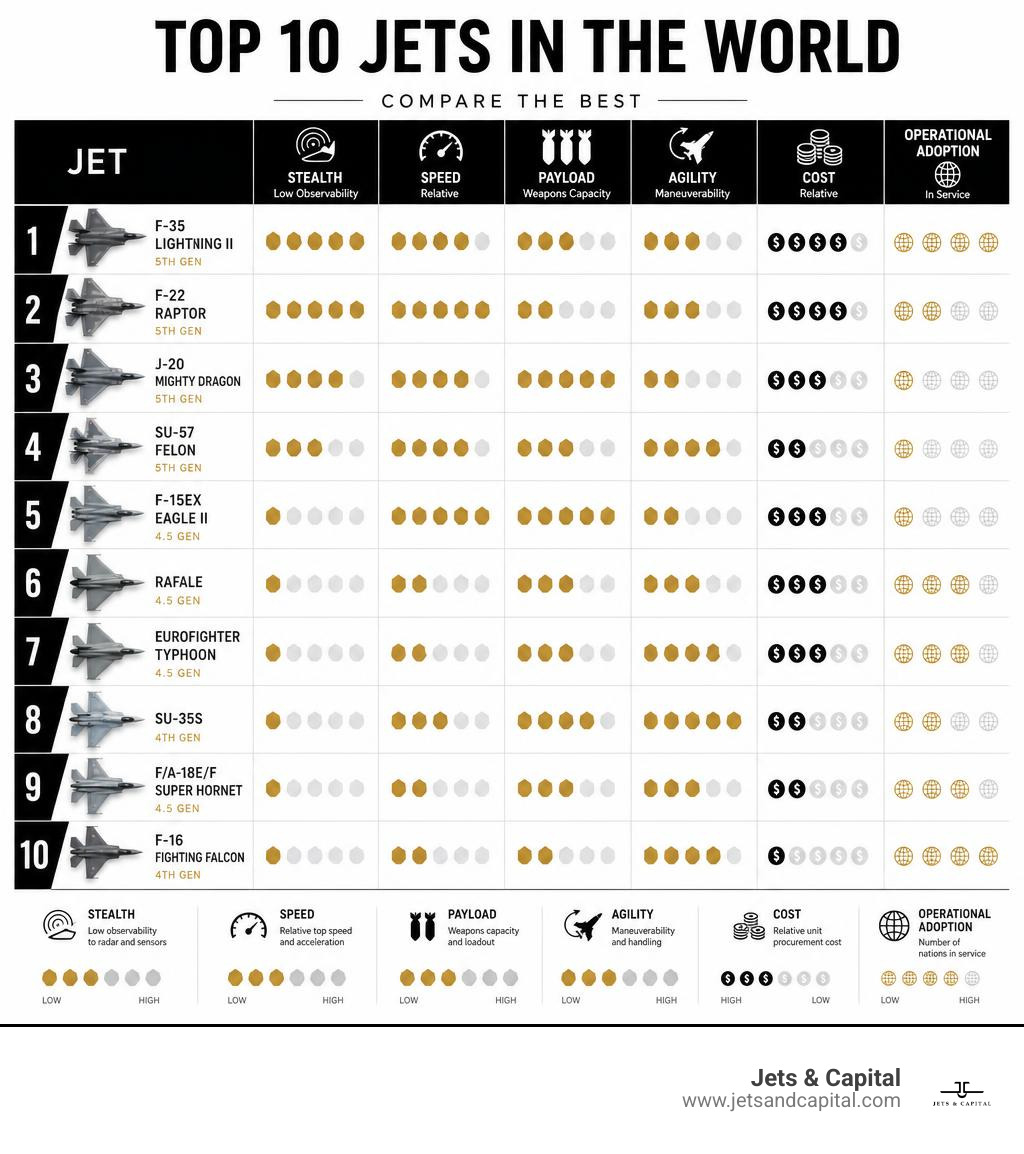Infographic comparing top jets by stealth, speed, payload, agility, cost, and operational adoption infographic Infographic comparing top jets by stealth, speed, payload, agility, cost, and operational adoption infographic