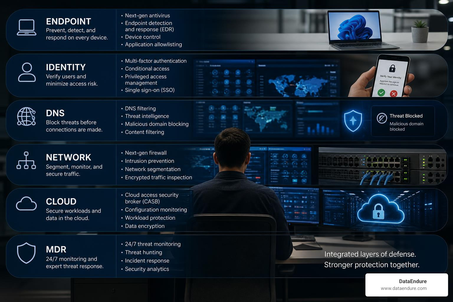 layered cybersecurity controls across endpoint identity DNS network cloud and MDR