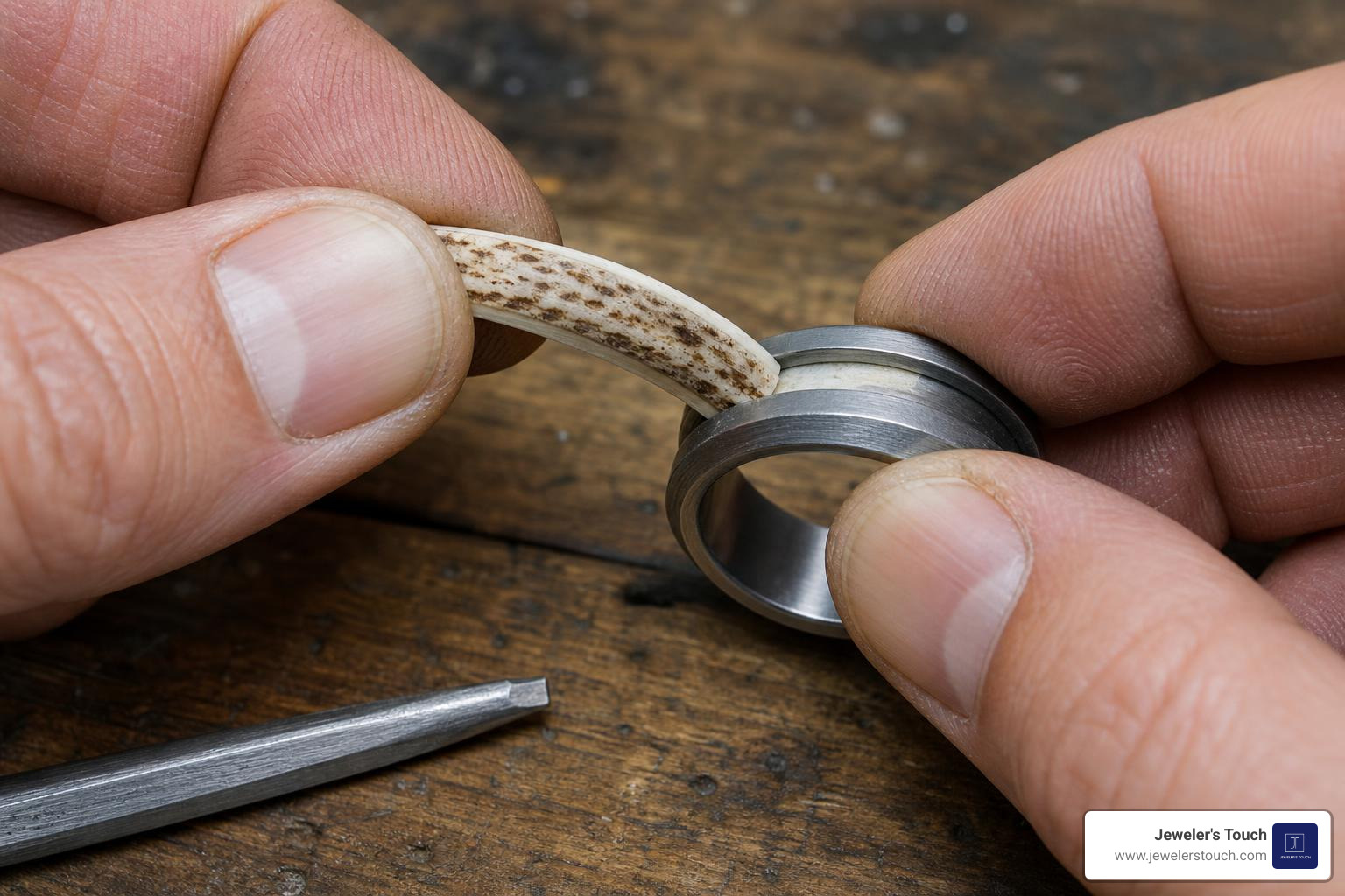 Artisan setting a natural deer antler inlay into a durable titanium ring channel Artisan setting a natural deer antler inlay into a durable titanium ring channel