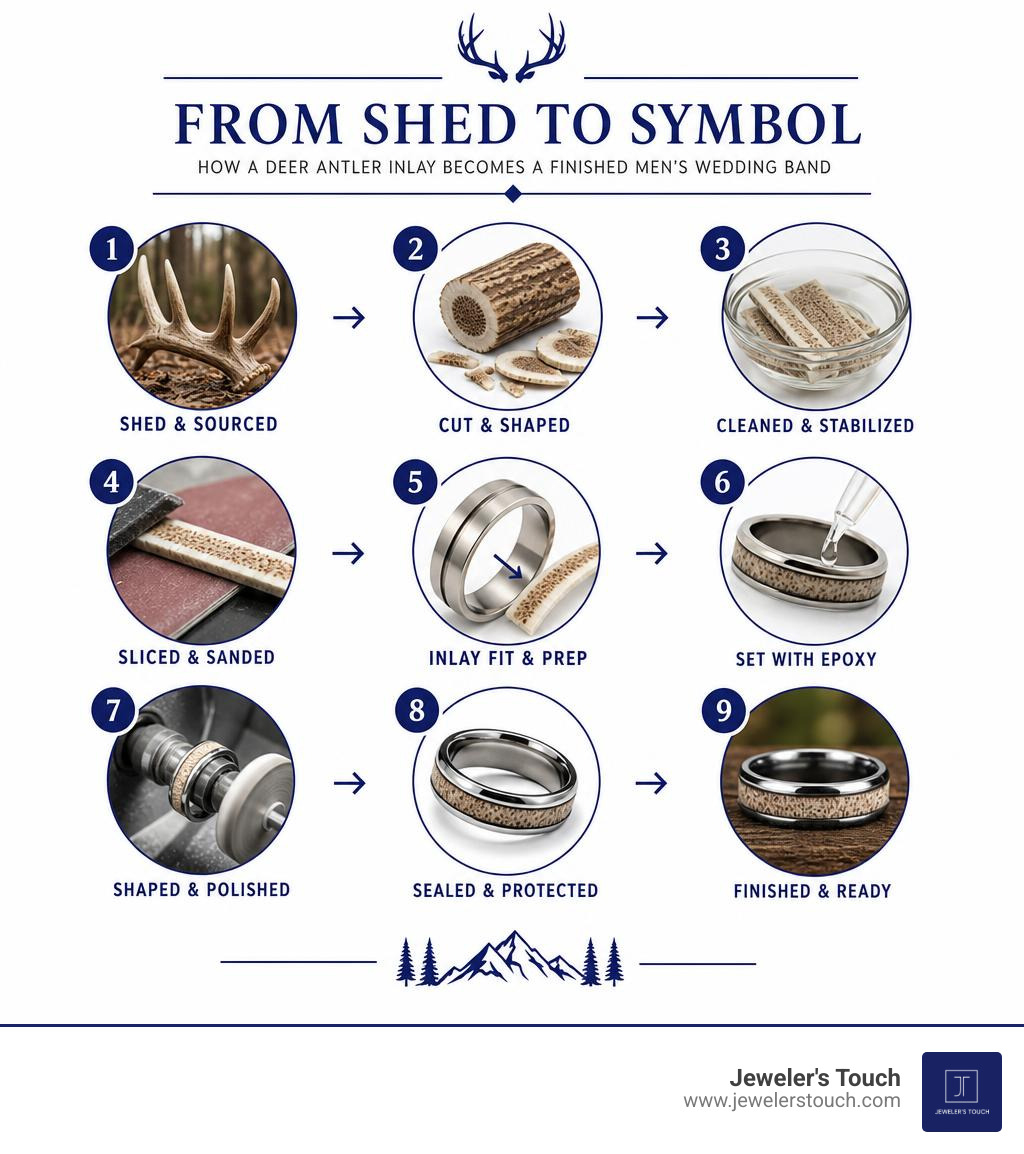 How a deer antler inlay becomes a finished men's wedding band — step by step process infographic infographic How a deer antler inlay becomes a finished men's wedding band — step by step process infographic infographic
