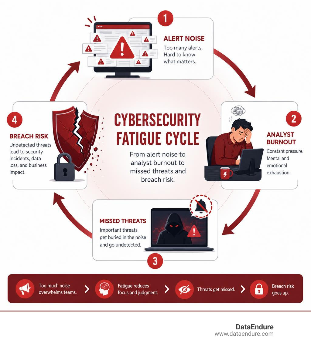 Cybersecurity fatigue cycle: from alert noise to analyst burnout to missed threats and breach risk infographic Cybersecurity fatigue cycle: from alert noise to analyst burnout to missed threats and breach risk infographic