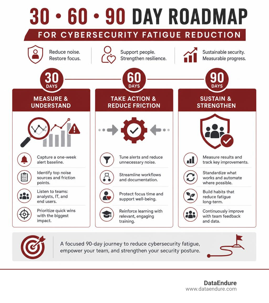 30 60 90 day roadmap for cybersecurity fatigue reduction infographic 30 60 90 day roadmap for cybersecurity fatigue reduction infographic
