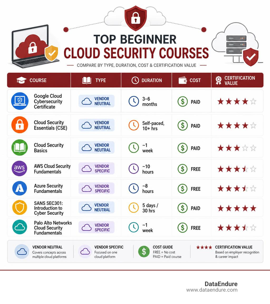 Infographic comparing top beginner cloud security courses by type, duration, cost, and certification value infographic Infographic comparing top beginner cloud security courses by type, duration, cost, and certification value infographic