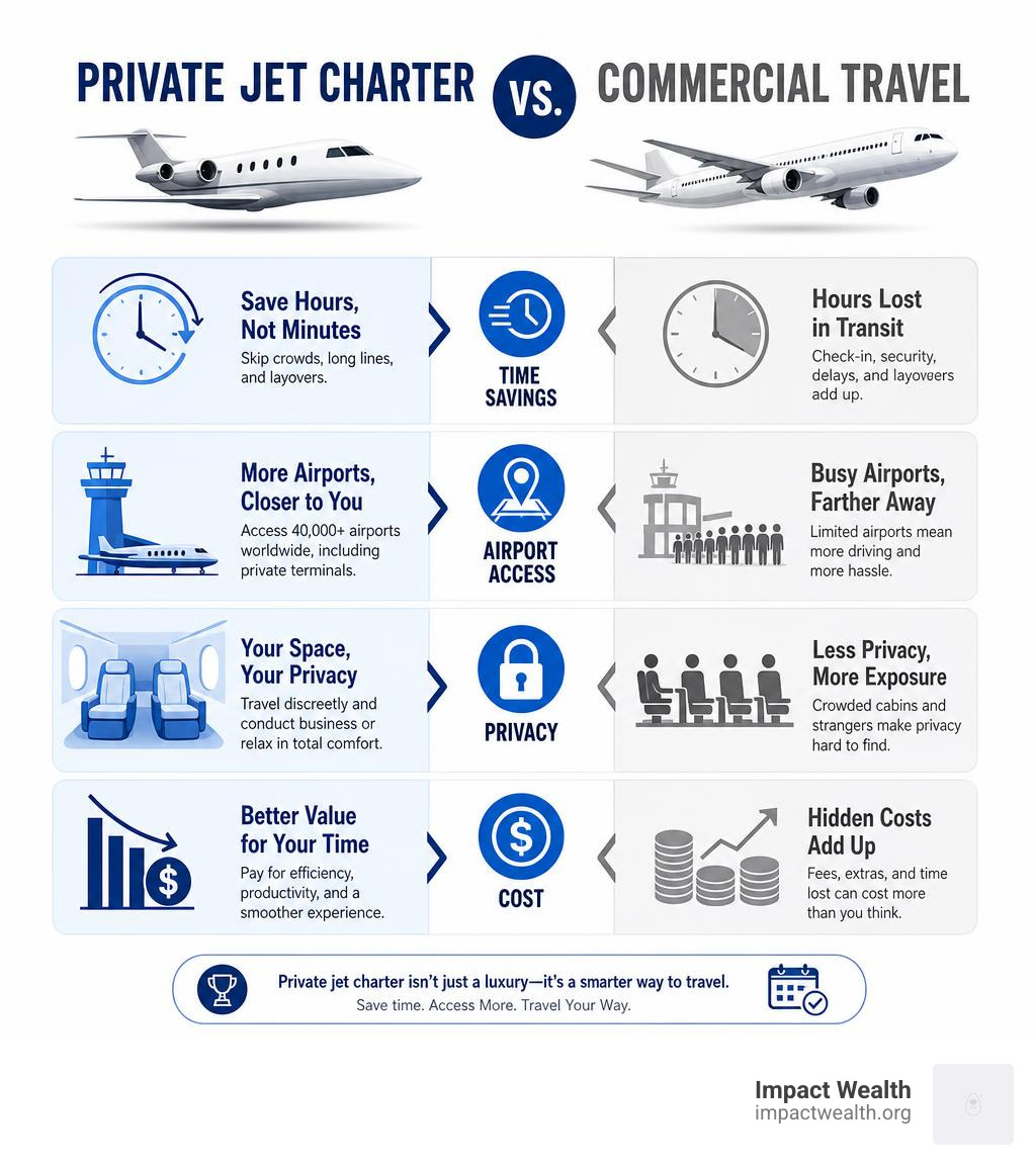 Infographic comparing private jet charter vs commercial travel: time savings, airport access, privacy, and cost infographic