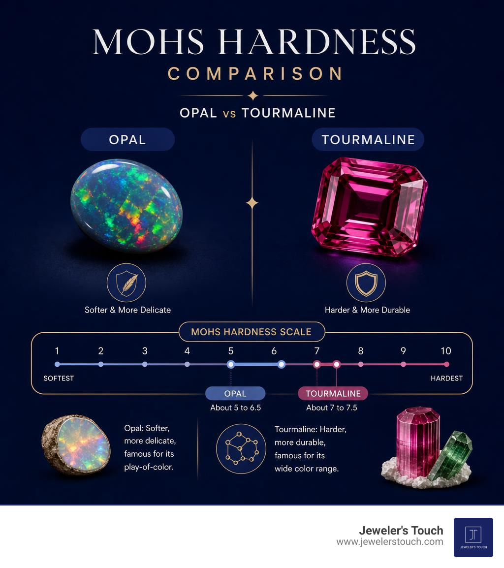 Mohs hardness comparison of opal and tourmaline infographic