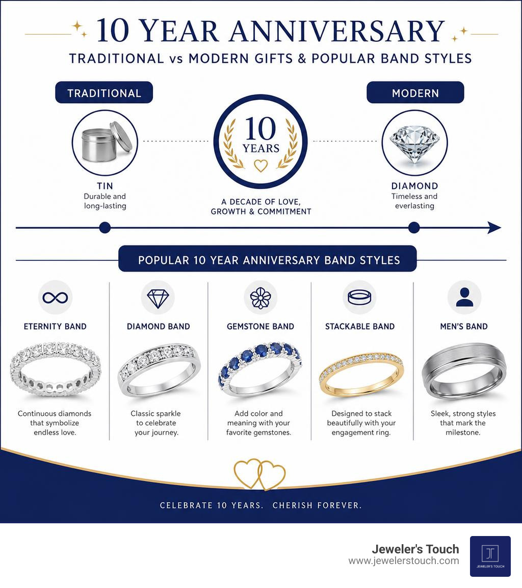Timeline infographic: traditional vs modern 10th anniversary gifts and popular band styles infographic